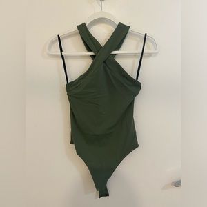 Babaton Contour Criss Cross Bodysuit in Forest Green